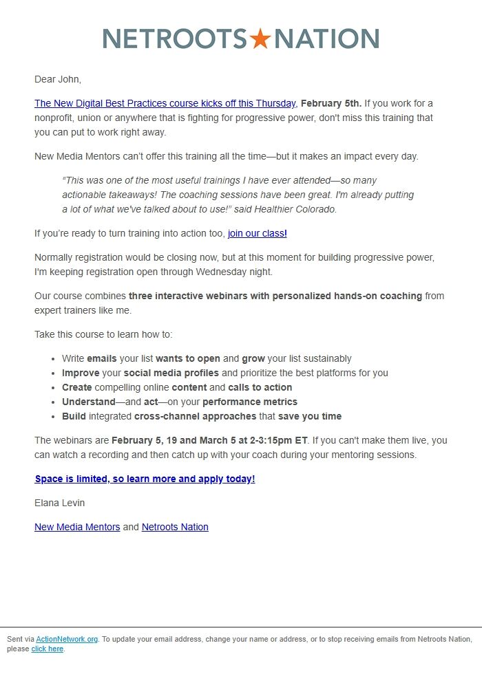 Screenshot of the email generated on import