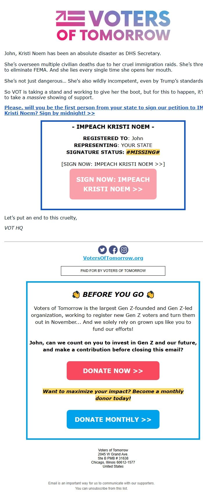 Screenshot of the email generated on import