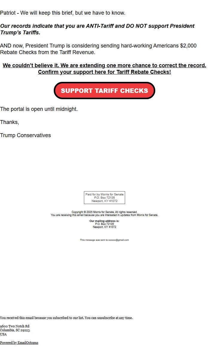 Screenshot of the email generated on import