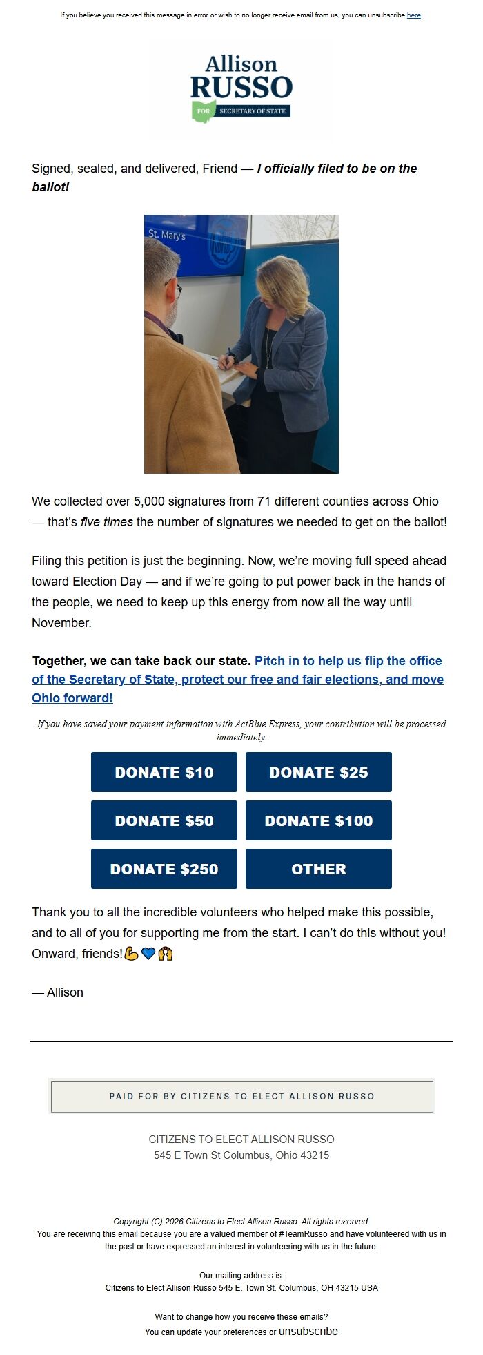 Screenshot of the email generated on import