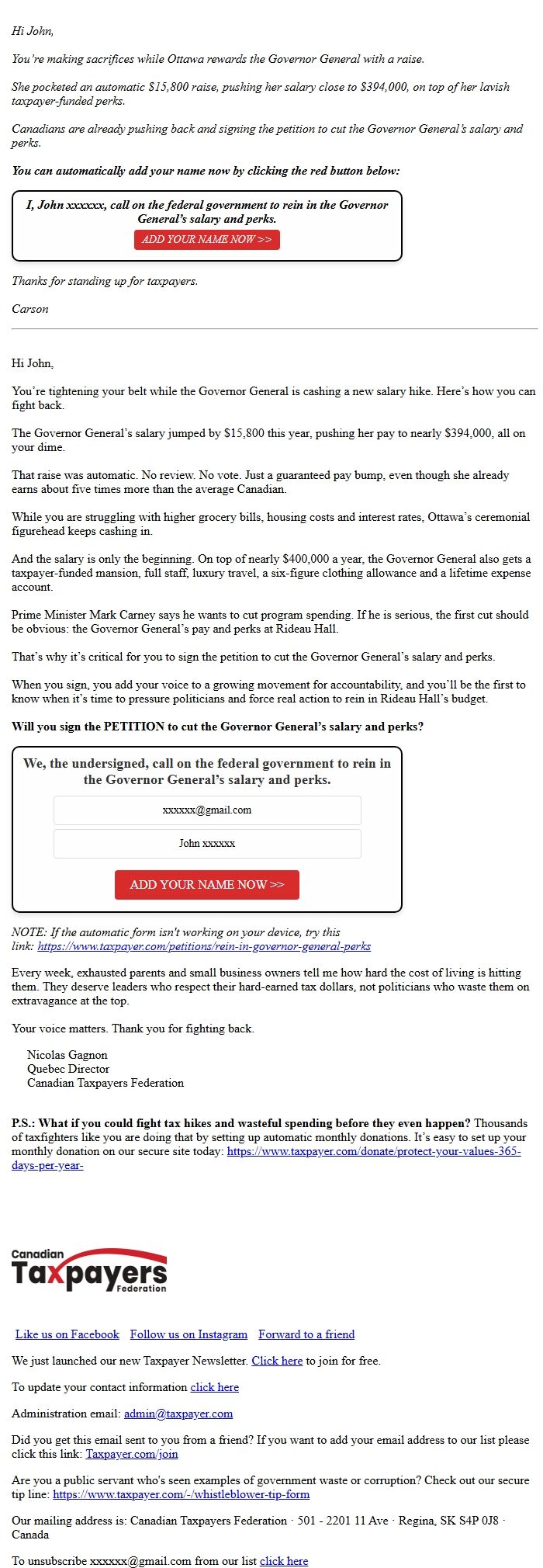 Screenshot of the email generated on import