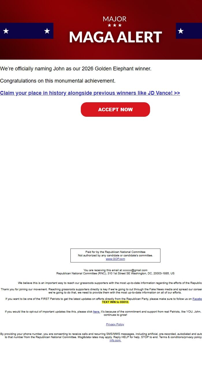 Screenshot of the email generated on import