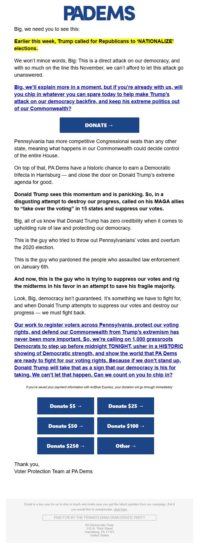 Screenshot of the email generated on import