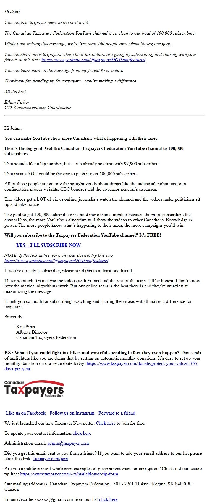 Screenshot of the email generated on import