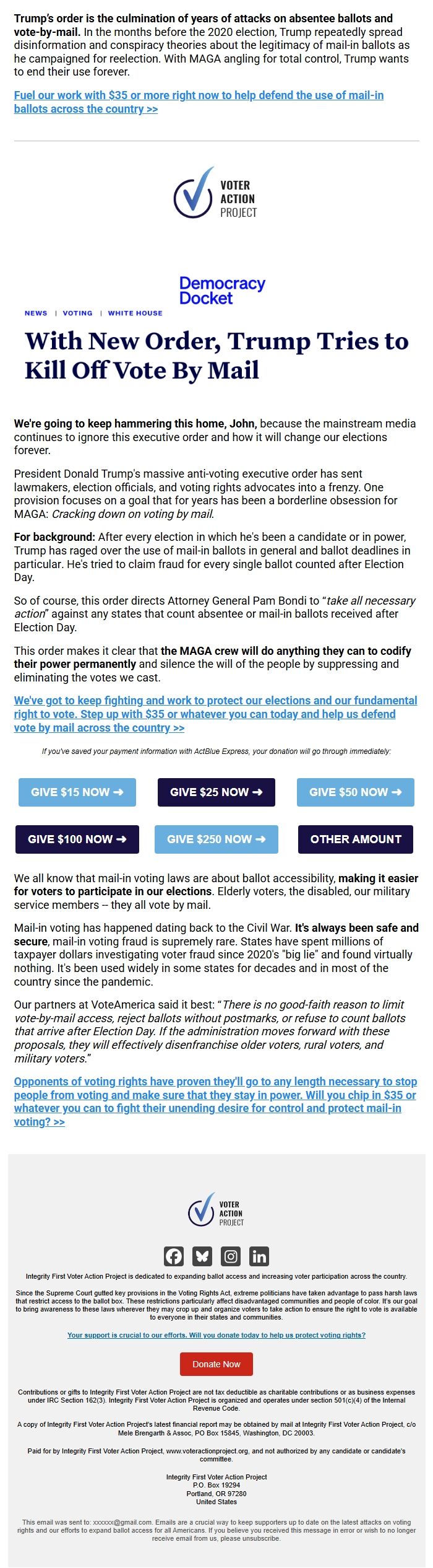 Screenshot of the email generated on import