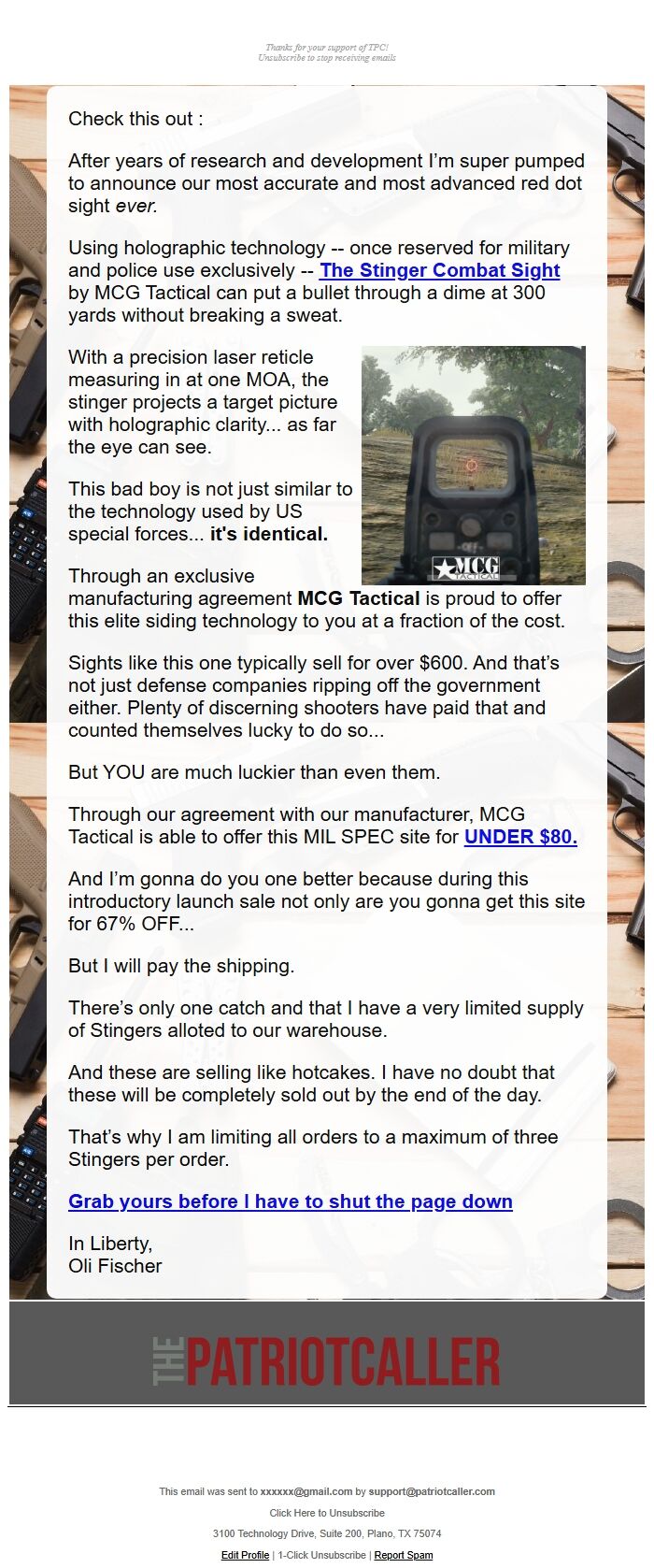 Screenshot of the email generated on import