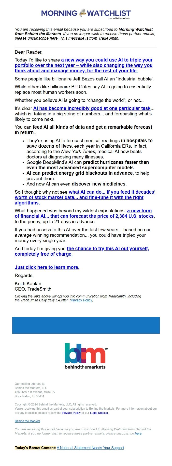 Screenshot of the email generated on import