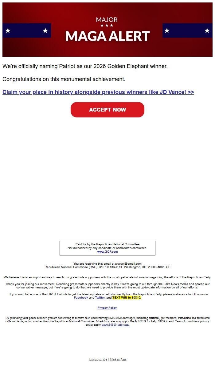 Screenshot of the email generated on import