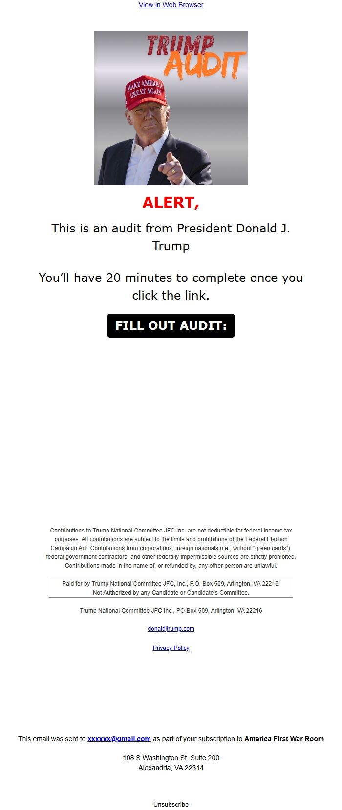 Screenshot of the email generated on import