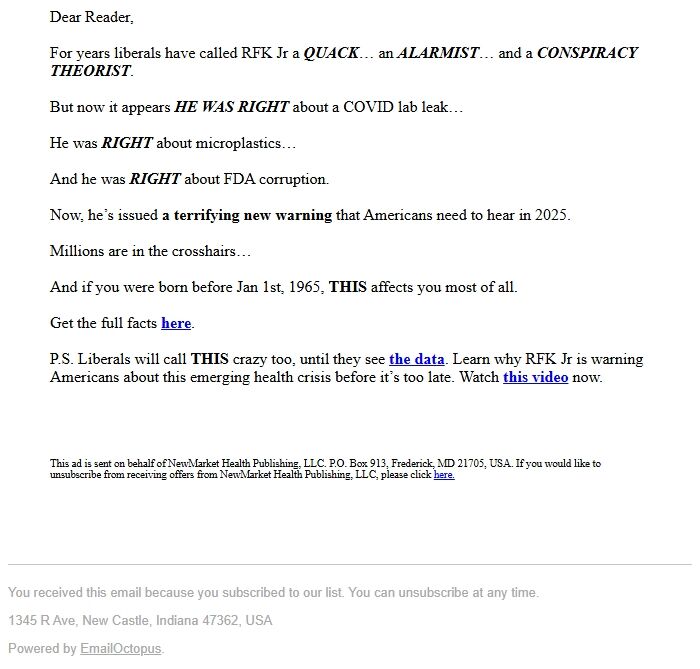 Screenshot of the email generated on import