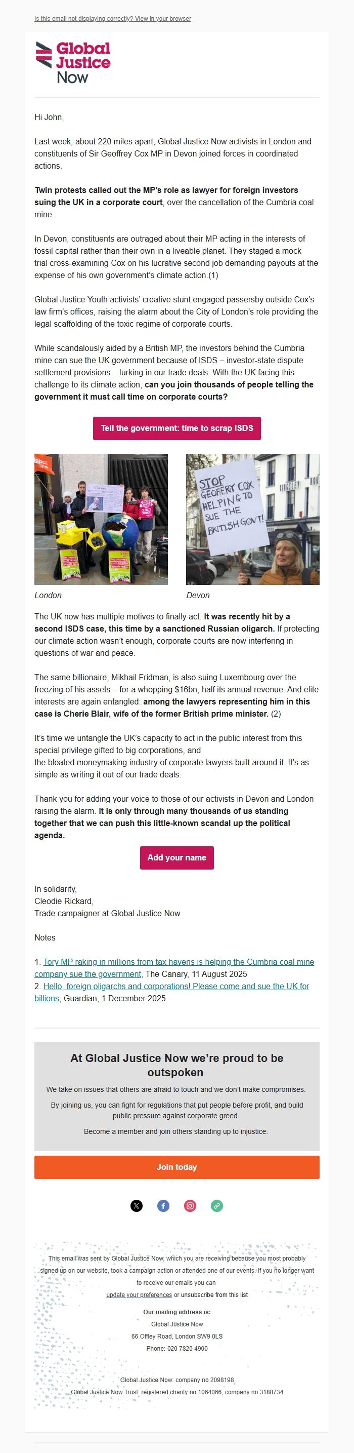 Screenshot of the email generated on import