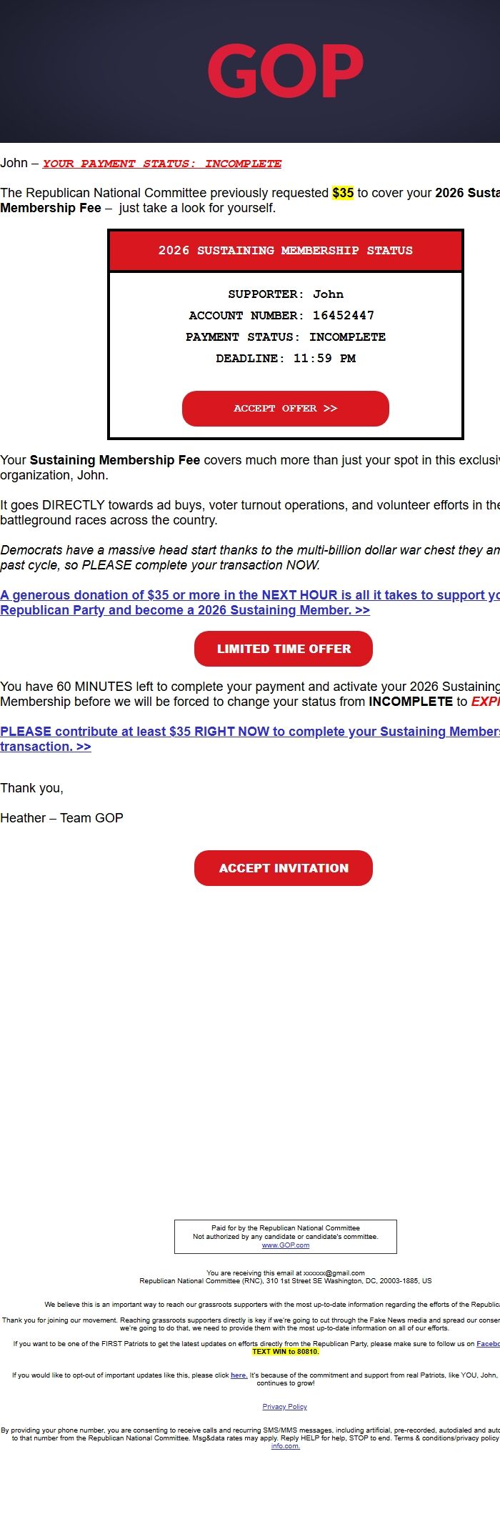 Screenshot of the email generated on import