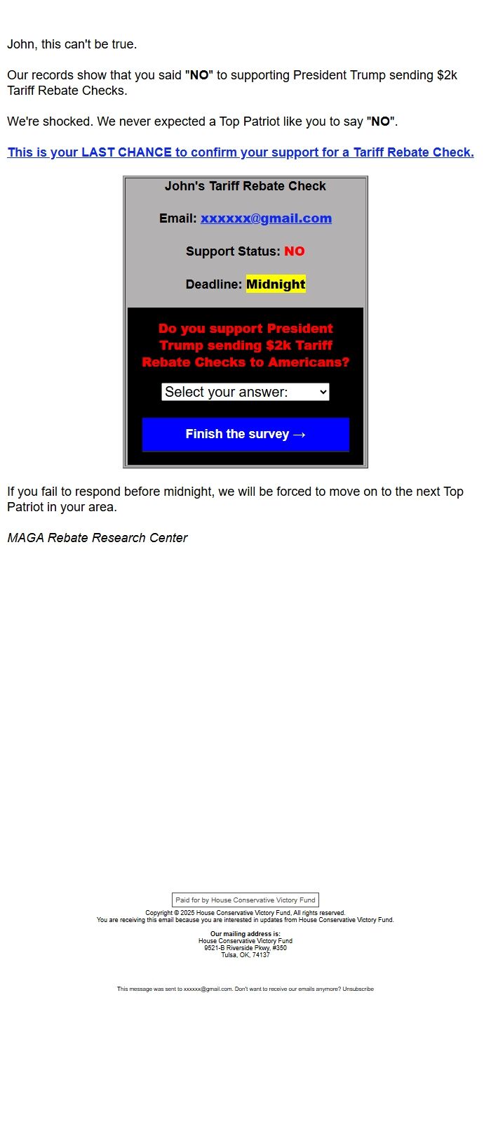 Screenshot of the email generated on import