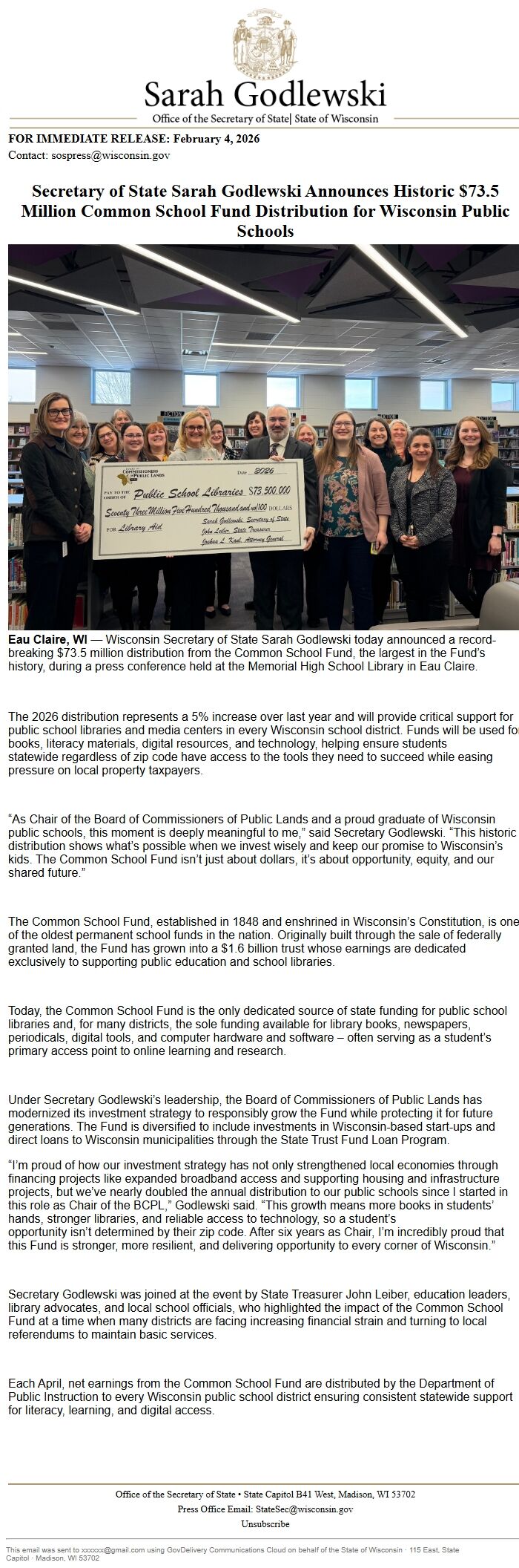 Screenshot of the email generated on import