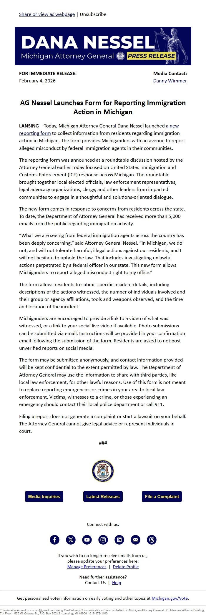 Screenshot of the email generated on import