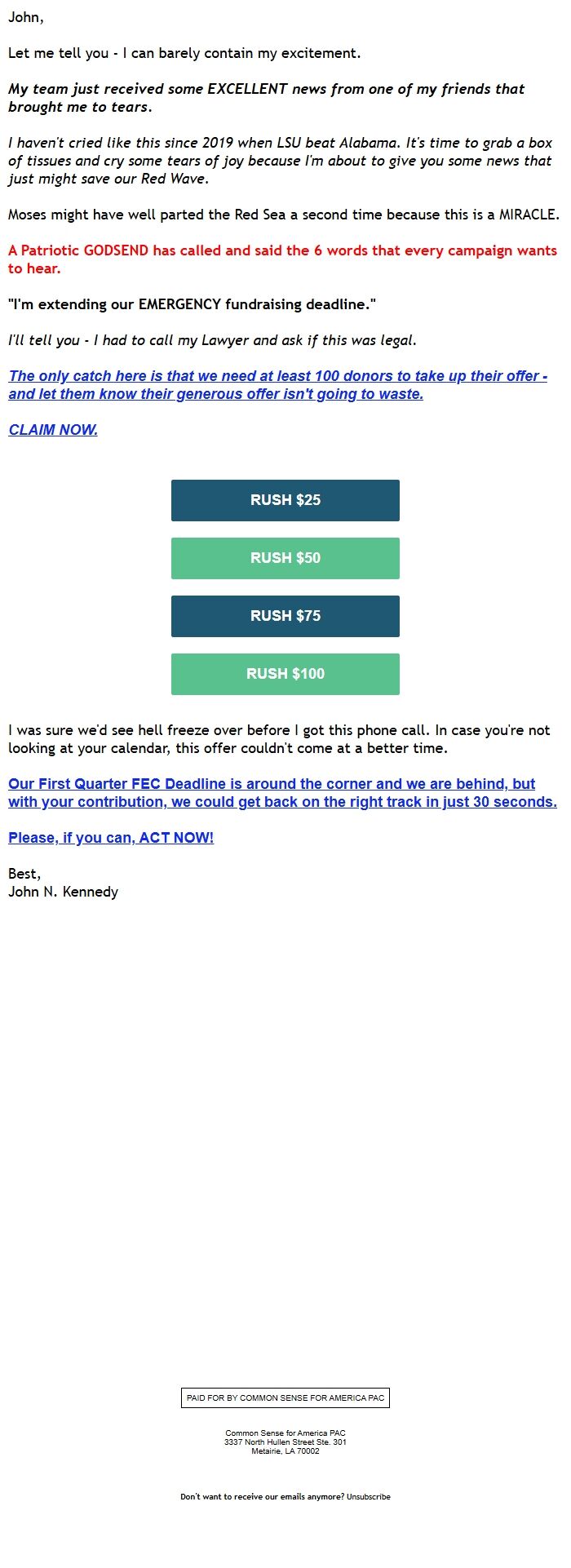 Screenshot of the email generated on import