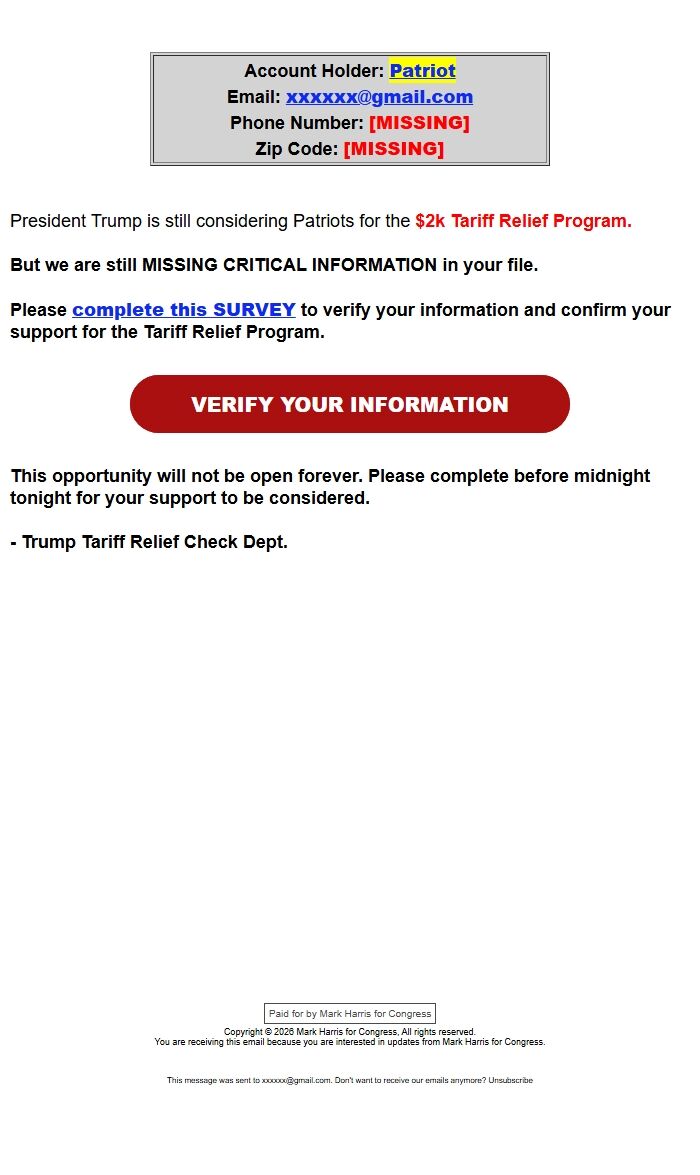 Screenshot of the email generated on import