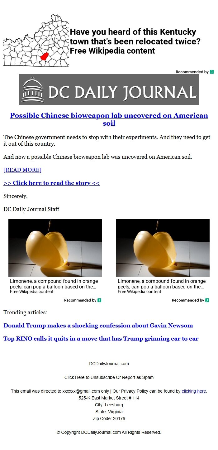 Screenshot of the email generated on import