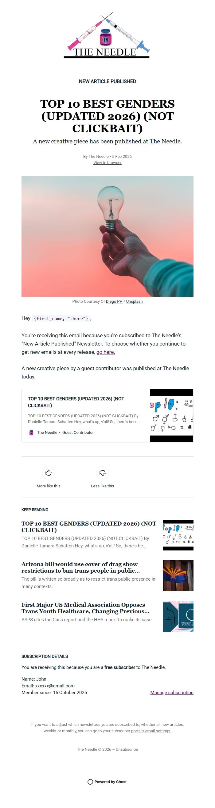 Screenshot of the email generated on import