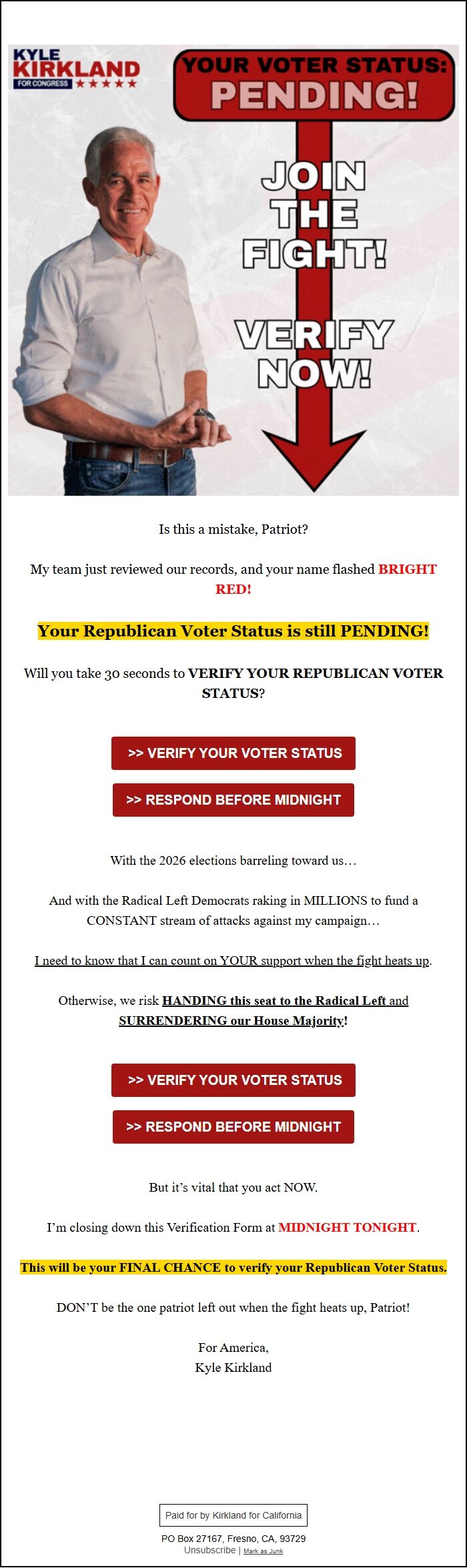 Screenshot of the email generated on import