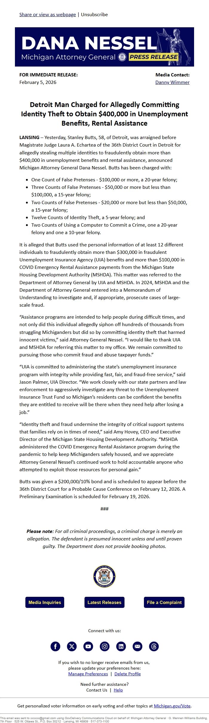 Screenshot of the email generated on import