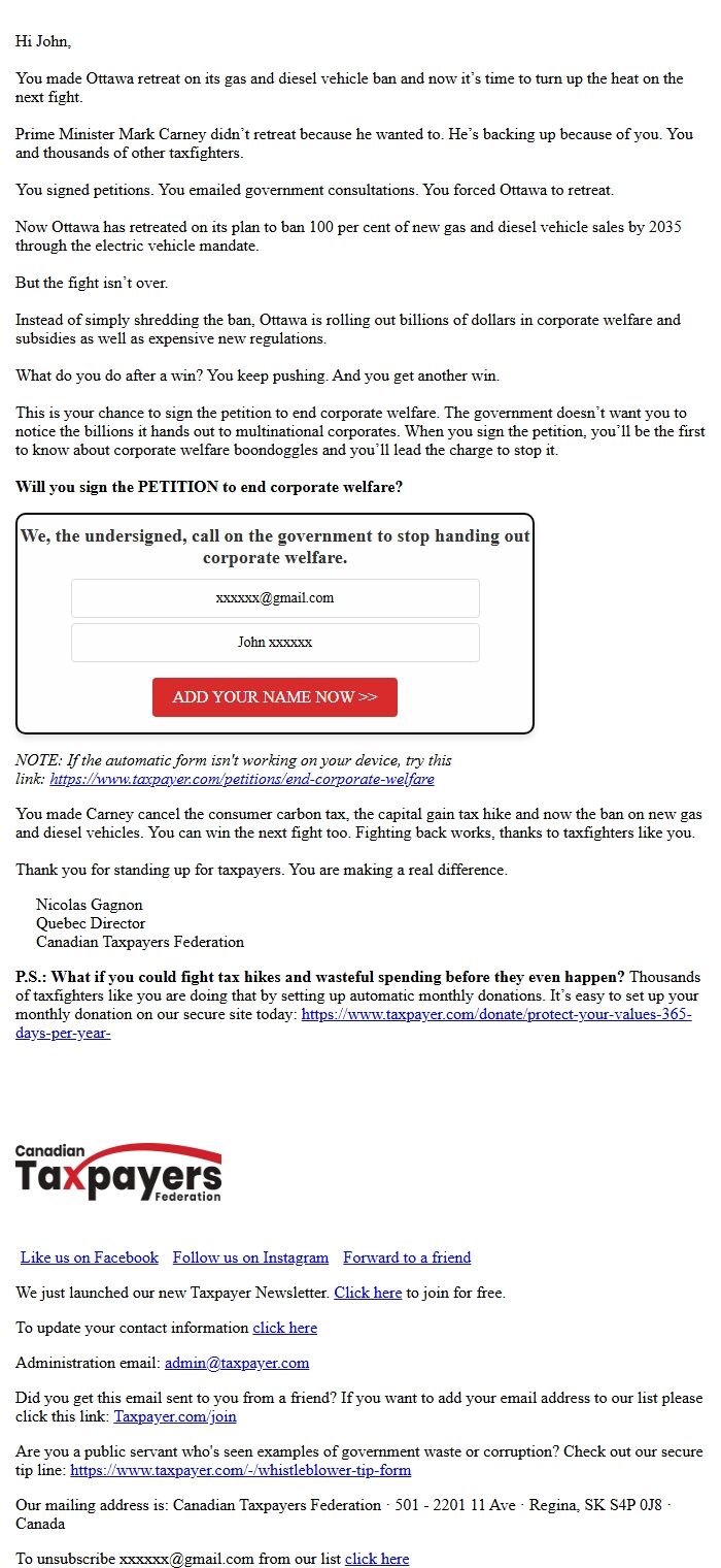 Screenshot of the email generated on import