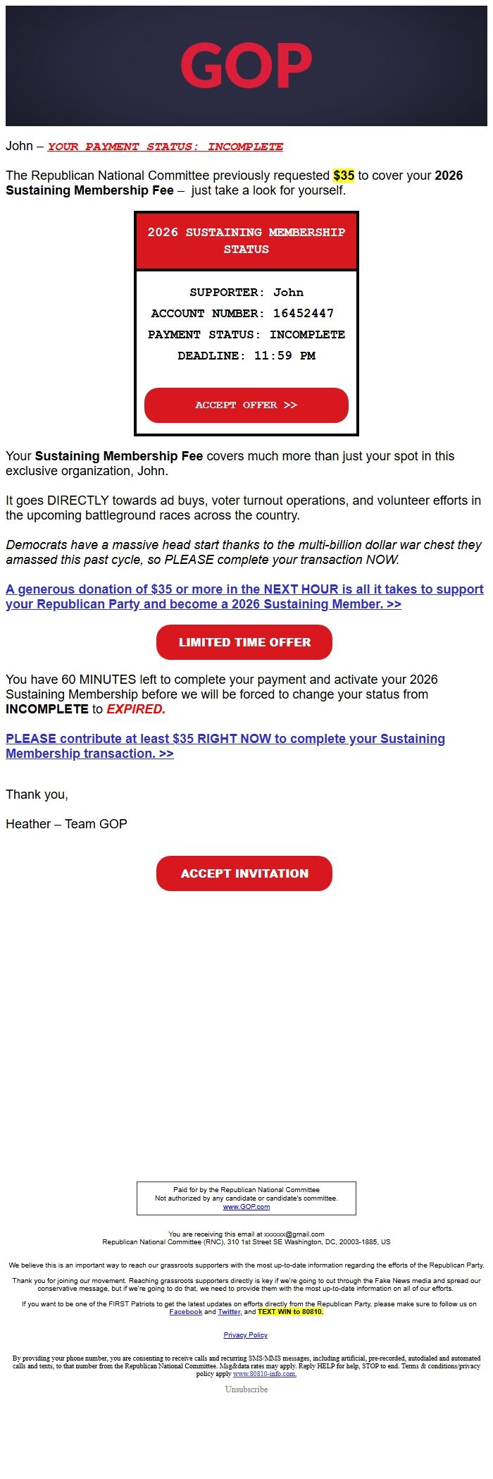 Screenshot of the email generated on import