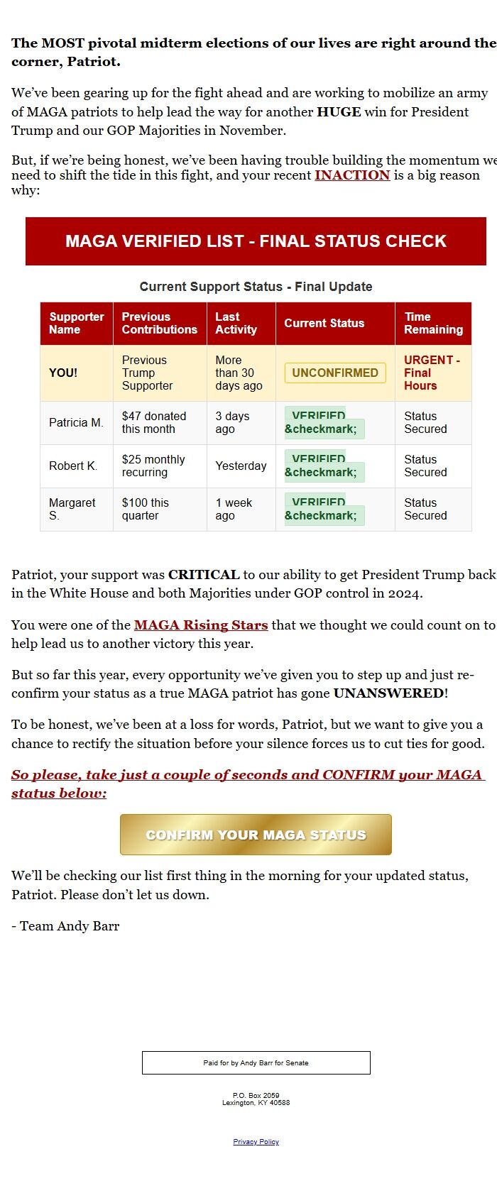 Screenshot of the email generated on import