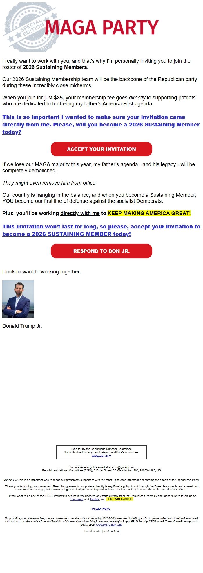 Screenshot of the email generated on import