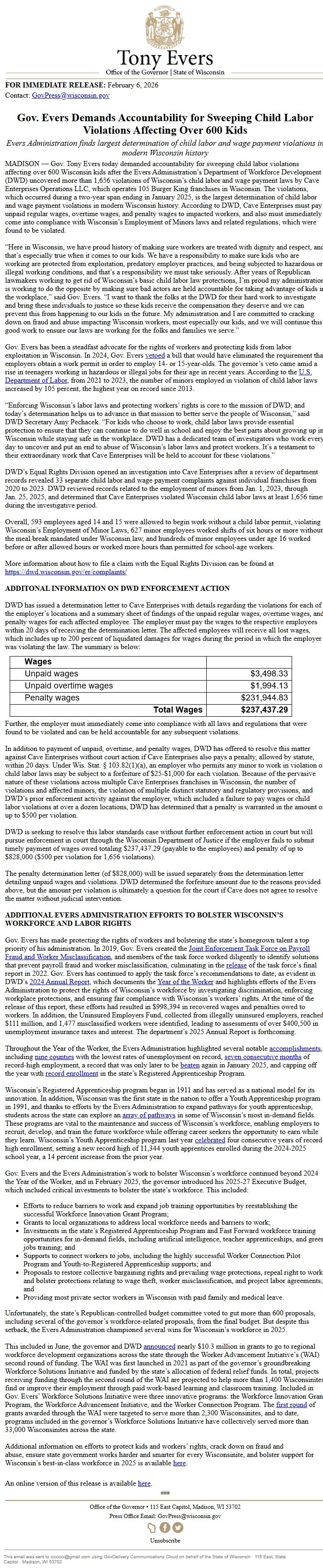 Screenshot of the email generated on import