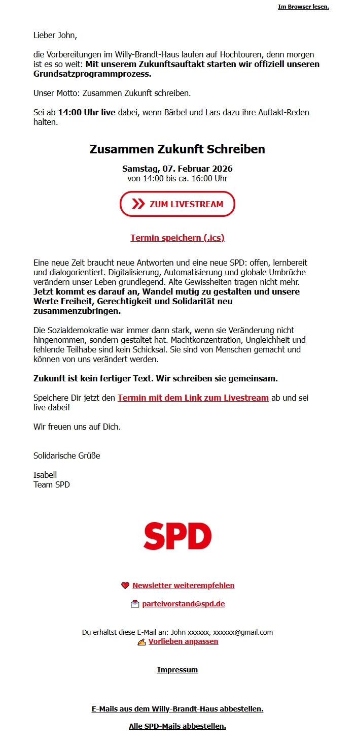 Screenshot of the email generated on import