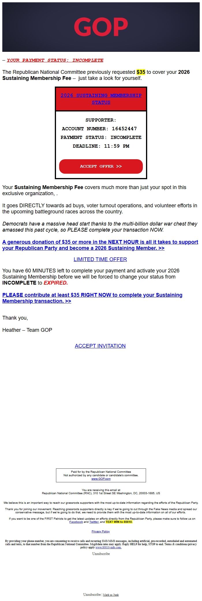 Screenshot of the email generated on import