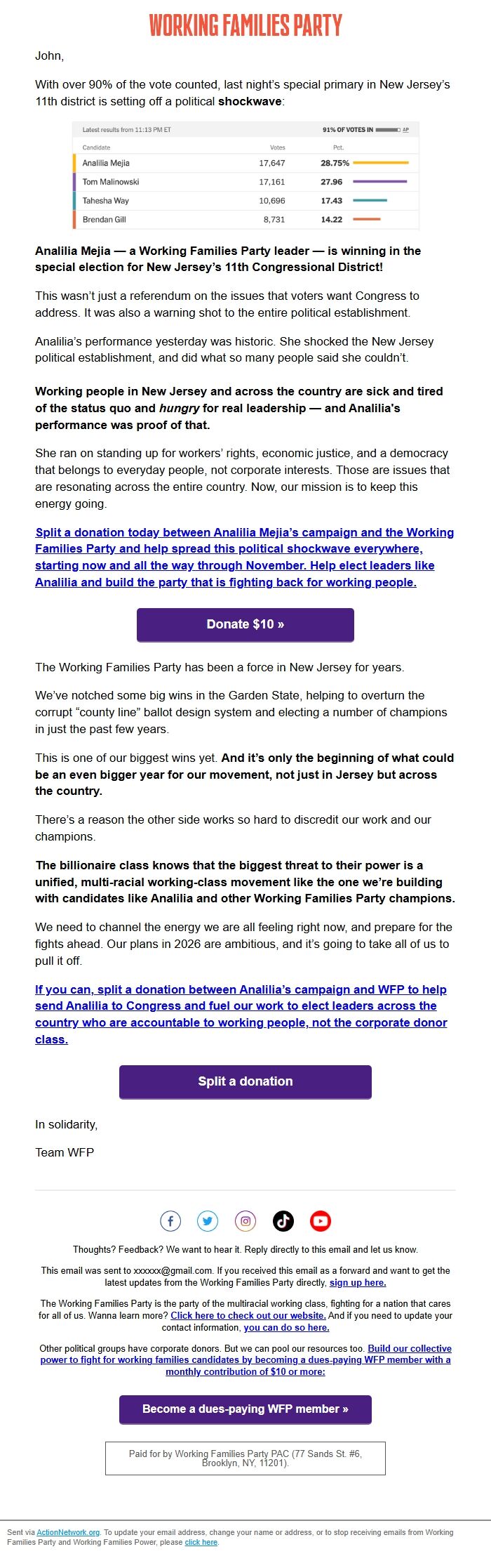 Screenshot of the email generated on import