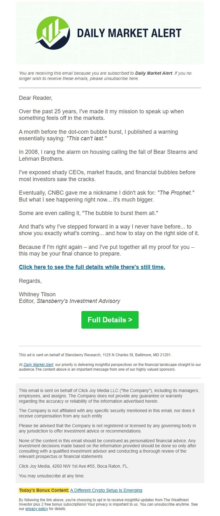 Screenshot of the email generated on import