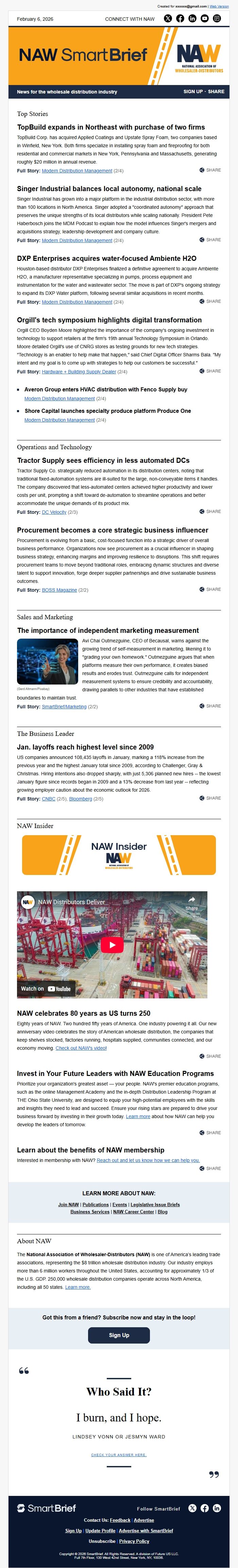 Screenshot of the email generated on import