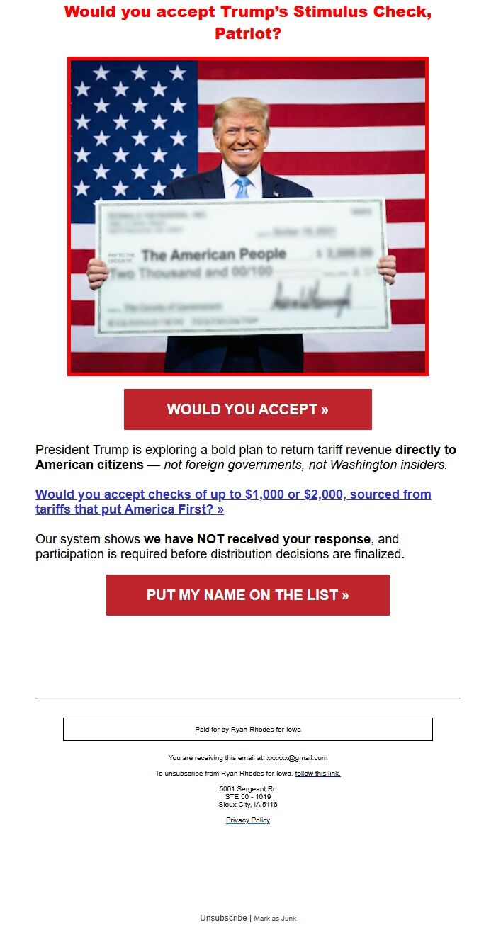 Screenshot of the email generated on import