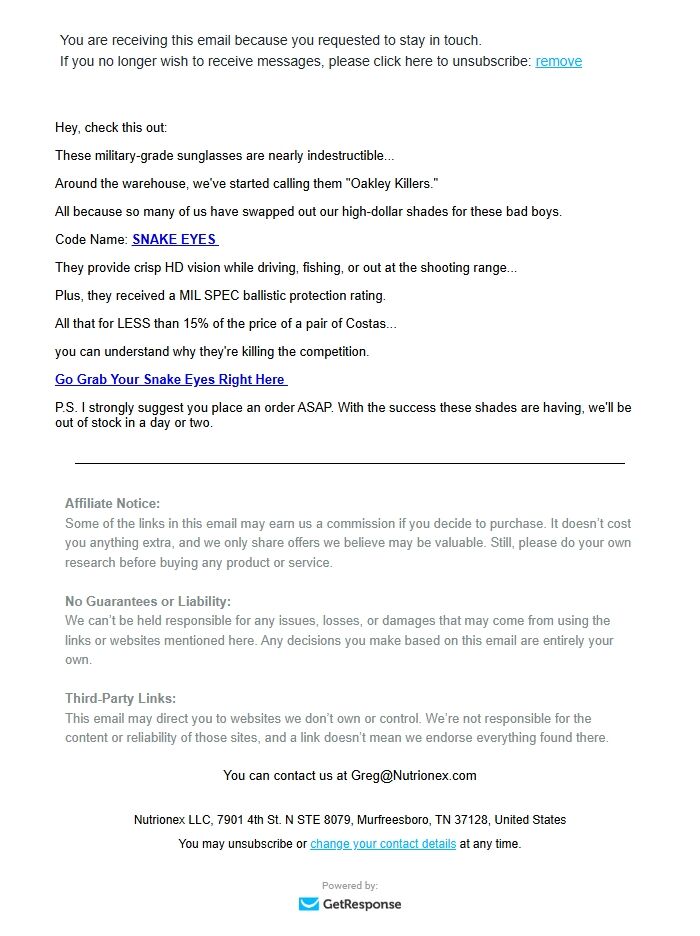 Screenshot of the email generated on import