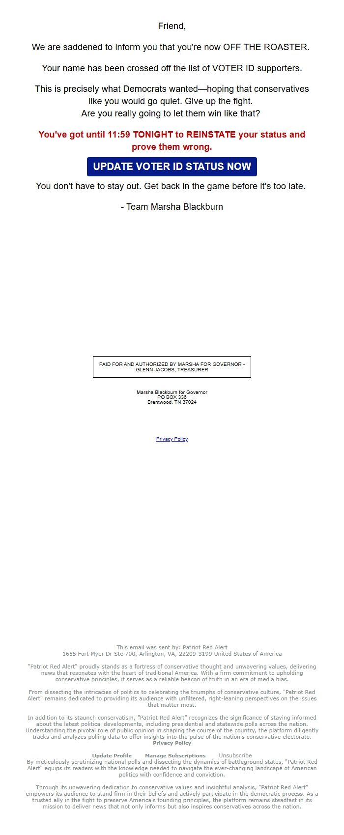 Screenshot of the email generated on import