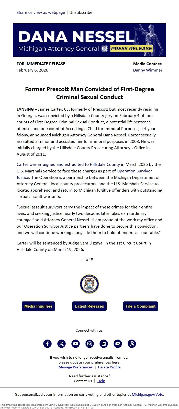 Screenshot of the email generated on import