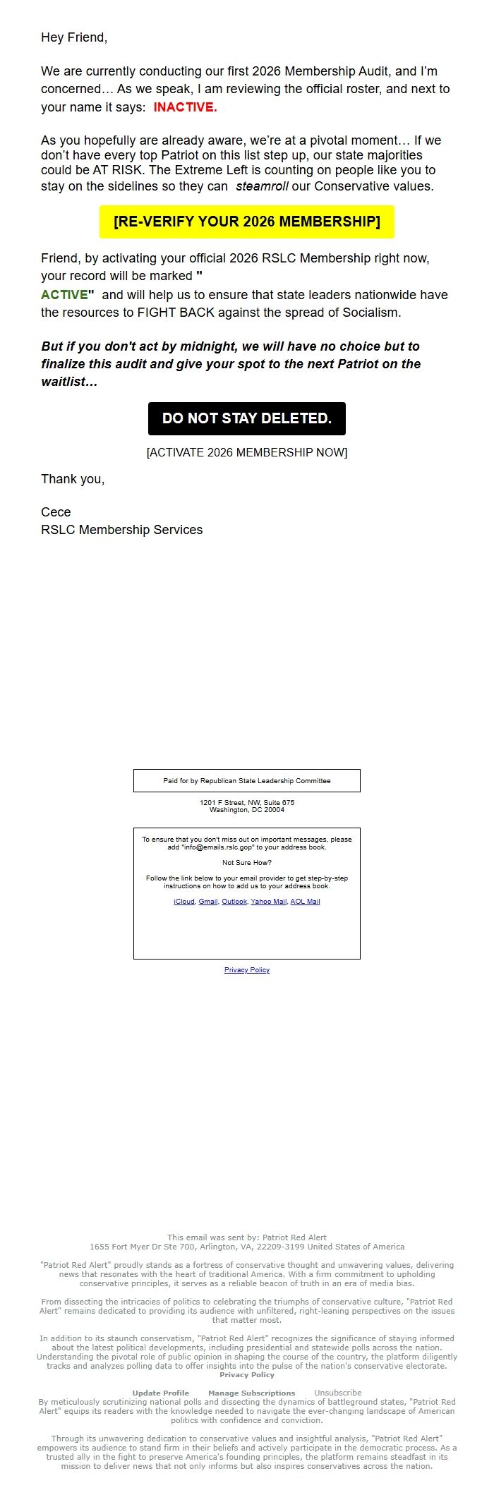 Screenshot of the email generated on import