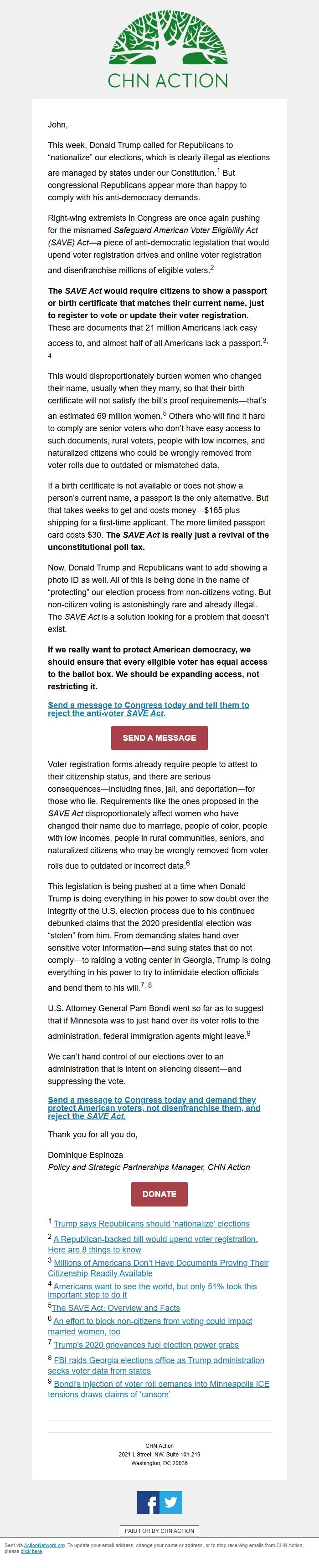 Screenshot of the email generated on import