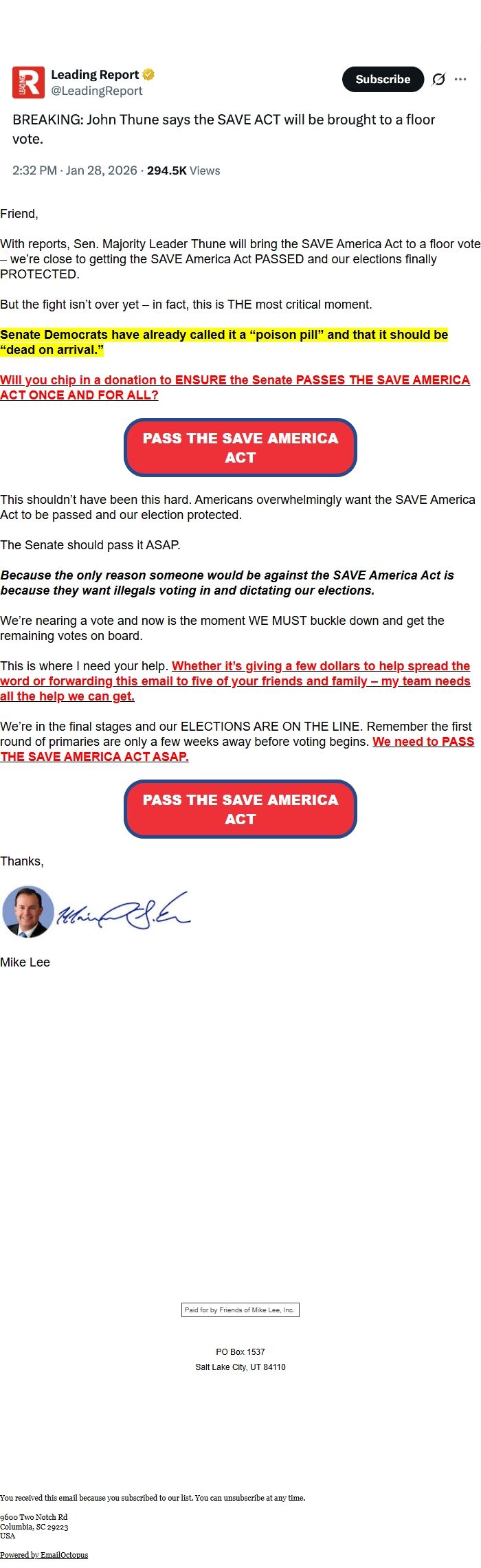 Screenshot of the email generated on import