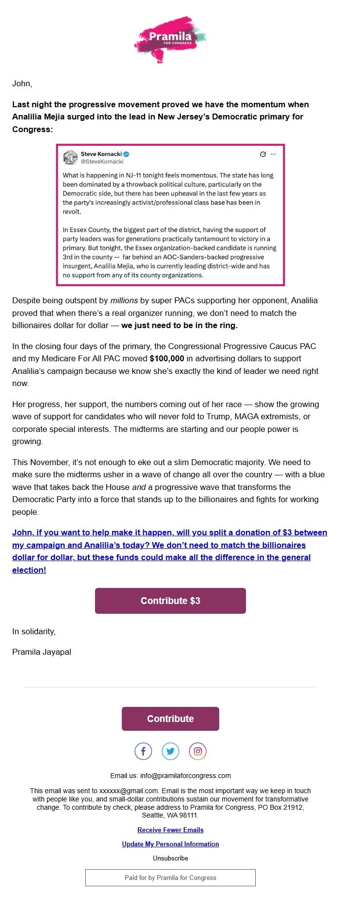 Screenshot of the email generated on import