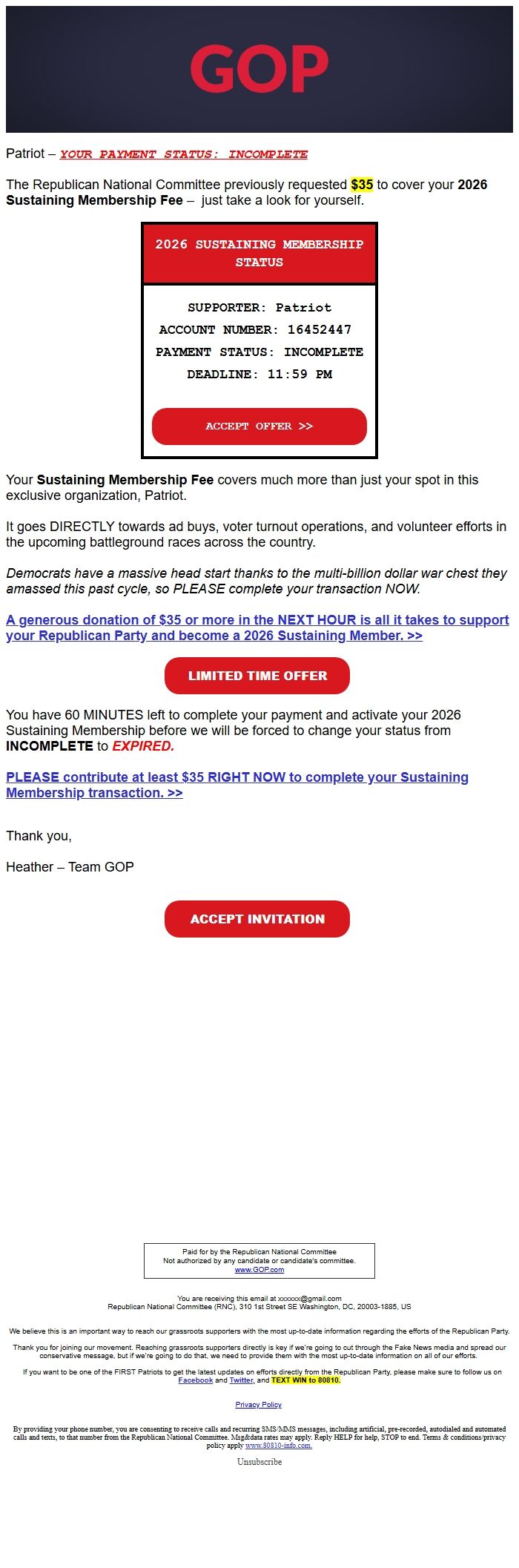 Screenshot of the email generated on import