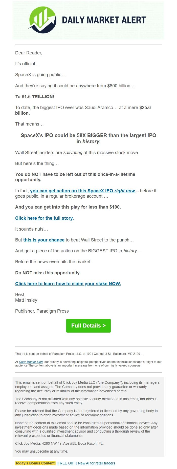 Screenshot of the email generated on import