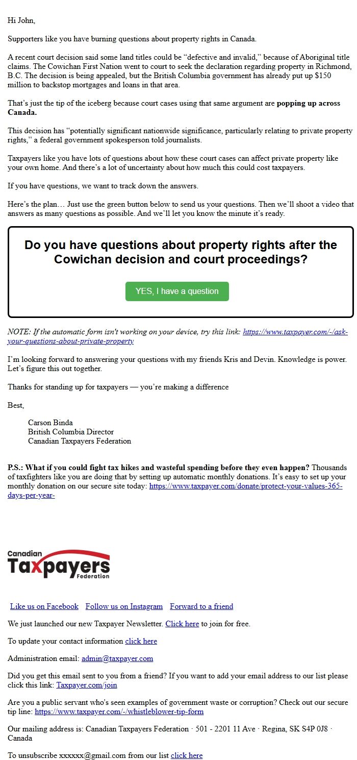 Screenshot of the email generated on import