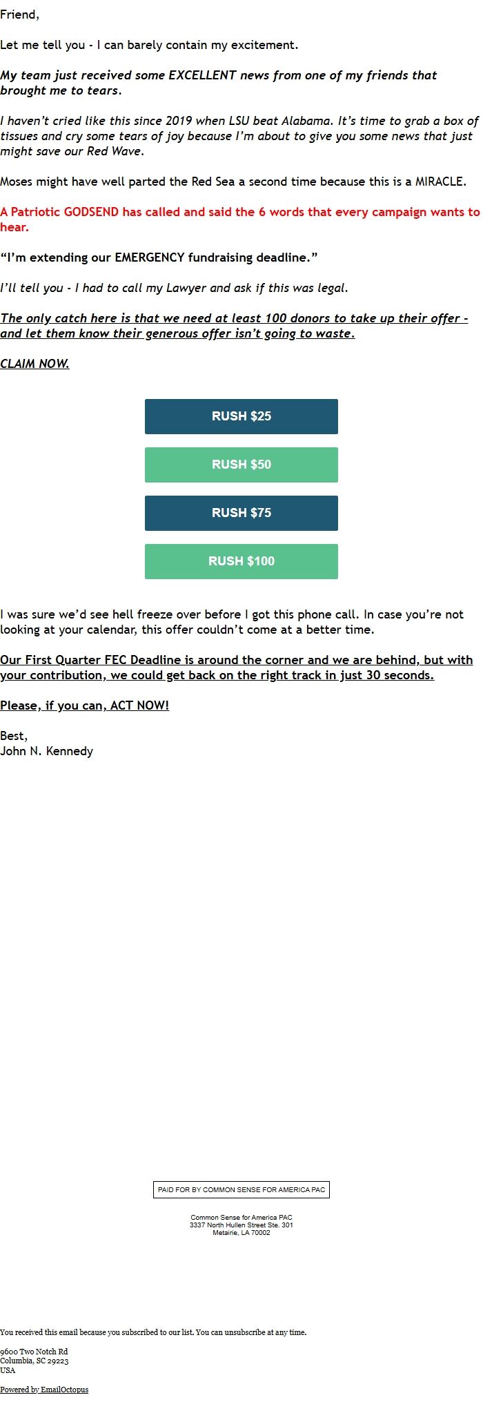 Screenshot of the email generated on import