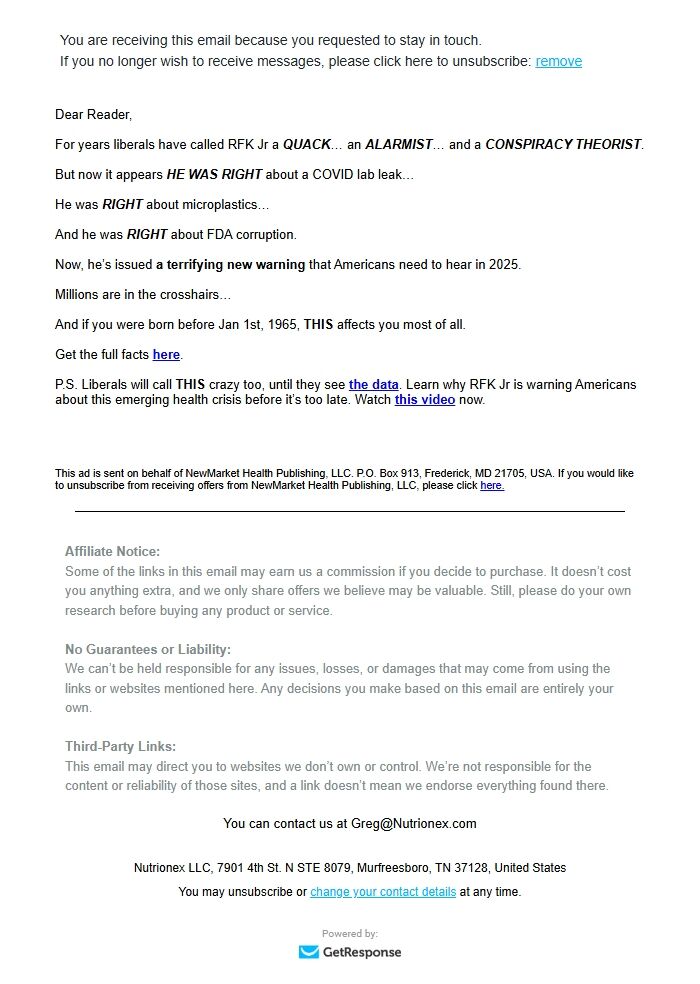 Screenshot of the email generated on import