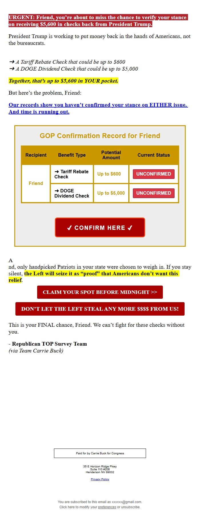 Screenshot of the email generated on import