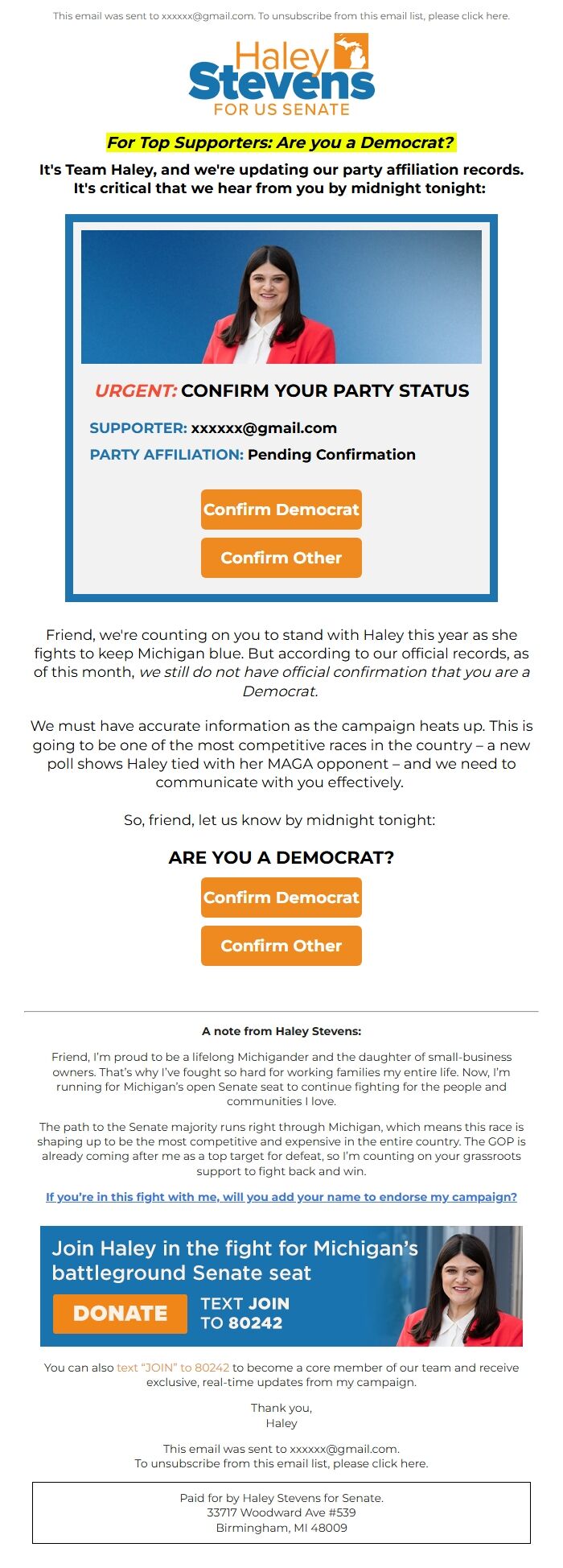 Screenshot of the email generated on import